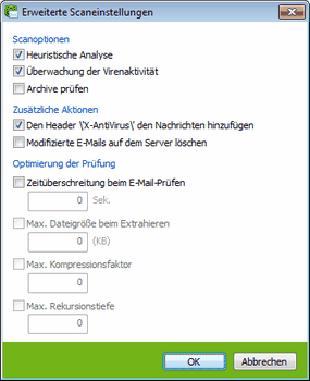 Einstellungen des SpIDer Mail E-Mail-Wächters Um nähere Informationen zu einer der in diesem Fenster festzusetzenden Einstellungen zu erhalten, klicken Sie auf entsprechenden Fensterbereich in der Abbildung.