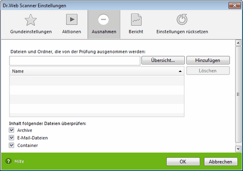 Einstellungen des Dr.Web Scanners Um nähere Informationen zu einer der in diesem Tab festzulegenden Einstellungen zu erhalten, klicken Sie auf entsprechenden Fensterbereich in der Abbildung. Um Hilfe zu den in einem anderen Tab festzulegenden Parametern zu erhalten, klicken Sie auf entsprechenden Tabnamen.