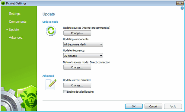 Update Settings For details on a certain option, click a corresponding item in the picture. To get information on options available in other pages, click the corresponding link in the picture.