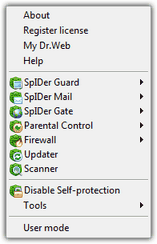 SpIDer Agent menu for Dr.Web Security Space