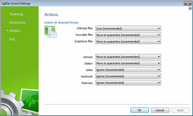 SpIDer Guard Settings For details on a certain option, click a corresponding item in the picture. To get information on options available in other pages, click the corresponding link in the picture.