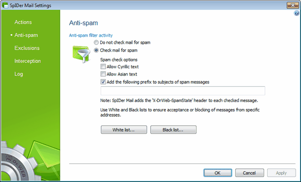 SpIDer Mail Settings For details on a certain option, click a corresponding item in the picture. To get information on options available in other pages, click the corresponding link in the picture.