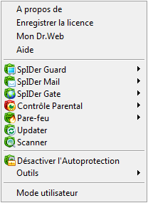 Menu SpIDer Agent pour Dr.Web Security Space Menu SpIDer Agent pour Dr.Web Security Space