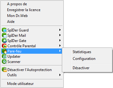 Menu SpIDer Agent pour Dr.Web Security Space Menu SpIDer Agent pour Dr.Web Security Space