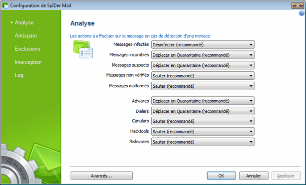 Configurer SpIDer Mail Pour obtenir des détails sur une option, cliquez sur le thème correspondant dans l'image. Pour obtenir des informations sur des options disponibles sur d'autres pages, cliquez sur le lien correspondant dans l'image.