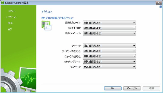 SpIDer Guard 設定 アイテムをクリックすると詳細を見ることができます。他のページのオプションを見るには図の該当するページ名をクリックしてください。
