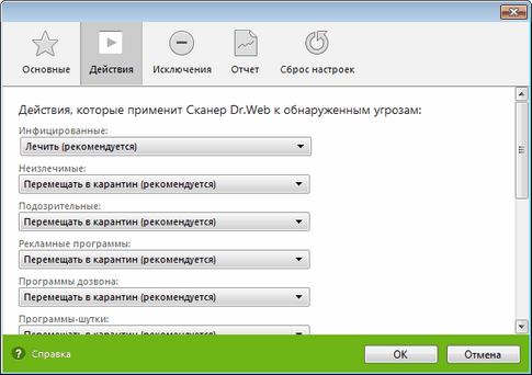 Настройки Сканера Dr.Web Чтобы подробнее ознакомиться с какой-либо настройкой, задаваемой на этой вкладке, щелкните по соответствующему фрагменту окна на рисунке. Чтобы получить справку о параметрах, задаваемых на какой-либо другой вкладке, щелкните по наименованию этой вкладки.