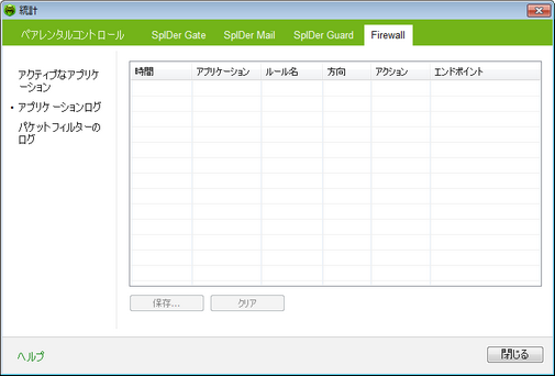 Dr.Web Firewall ログ アイテムをクリックすると詳細を見ることができます。他ペインのオプションを見るには図の該当するタブをクリックしてください。