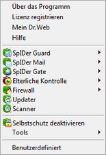Menü des SpIDer Agenten für Dr.Web Security Space Pro Menü des SpIDer Agenten für Dr.Web Security Space Pro