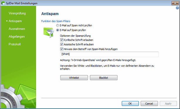Einstellungen des SpIDer Mail E-Mail-Wächters Um nähere Informationen zu einer der in diesem Abschnitt festzusetzenden Einstellungen zu erhalten, klicken Sie auf entsprechenden Fensterbereich in der Abbildung. Um Info über die in einem anderen Abschnitt festzusetzenden Parameter zu erhalten, klicken Sie auf entsprechenden Abschnittsnamen in der Abbildung.