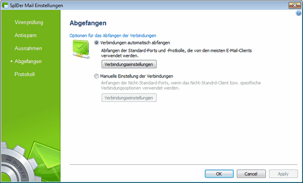 Einstellungen des SpIDer Mail E-Mail-Wächters Um nähere Informationen zu einer der in diesem Abschnitt festzusetzenden Einstellungen zu erhalten, klicken Sie auf entsprechenden Fensterbereich in der Abbildung. Um Info über die in einem anderen Abschnitt festzusetzenden Parameter zu erhalten, klicken Sie auf entsprechenden Abschnittsnamen in der Abbildung.