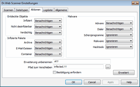 Einstellungen von Dr.Web Scanner Um nähere Informationen über eine der in diesem Tab festzusetzenden Einstellungen zu erhalten, klicken Sie auf entsprechenden Fensterbereich in der Abbildung. Um Info über die in einem anderen Tab festzusetzenden Parameter zu erhalten, klicken Sie auf entsprechenden Tabnamen.
