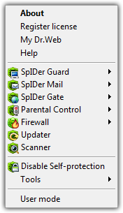SpIDer Agent menu for Dr.Web Security Space Pro SpIDer Agent menu for Dr.Web Security Space Pro