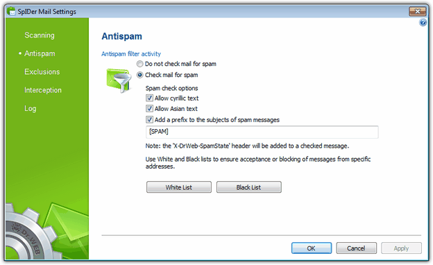 SpIDer Mail Settings For details on a certain option, click a corresponding item in the picture. To get information on options available in other pages, click the corresponding link in the picture