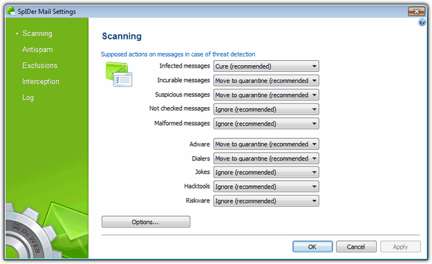 SpIDer Mail Settings For details on a certain option, click a corresponding item in the picture. To get information on options available in other pages, click the corresponding link in the picture