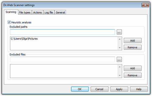 Dr.Web Scanner Settings For details on a certain option, click a corresponding item in the picture. To get information on options available in other panes, click the necessary tab