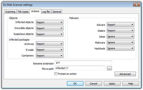 Dr.Web Scanner Settings For details on a certain option, click a corresponding item in the picture. To get information on options available in other panes, click the necessary tab