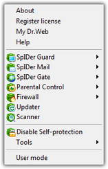 SpIDer Agent menu SpIDer Agent menu