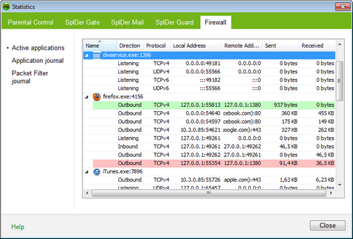 Dr.Web Firewall log For details on a certain option, click a corresponding item in the picture. To get information on options available in other panes, click the necessary tab.