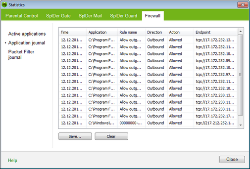 Dr.Web Firewall log For details on a certain option, click a corresponding item in the picture. To get information on options available in other panes, click the necessary tab.