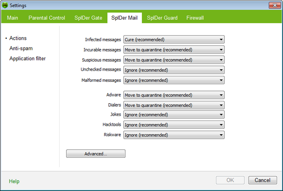 SpIDer Mail Settings For details on a certain option, click a corresponding item in the picture. To get information on options available in other pages, click the corresponding link in the picture.