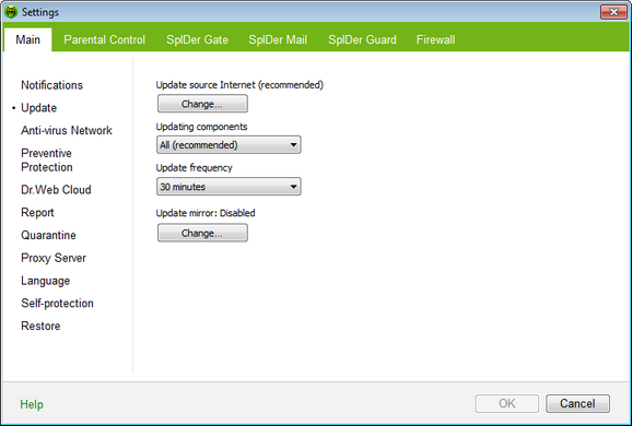 Dr.Web Main Settings For details on a certain option, click a corresponding item in the picture. To get information on options available in other pages, click the corresponding link in the picture.