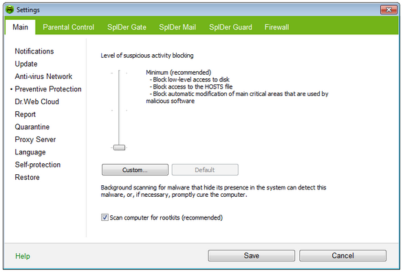Dr.Web Main Settings For details on a certain option, click a corresponding item in the picture. To get information on options available in other pages, click the corresponding link in the picture.