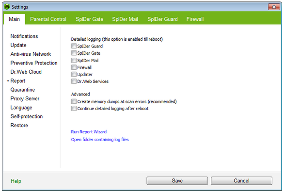 Dr.Web Main Settings For details on a certain option, click a corresponding item in the picture. To get information on options available in other pages, click the corresponding link in the picture.
