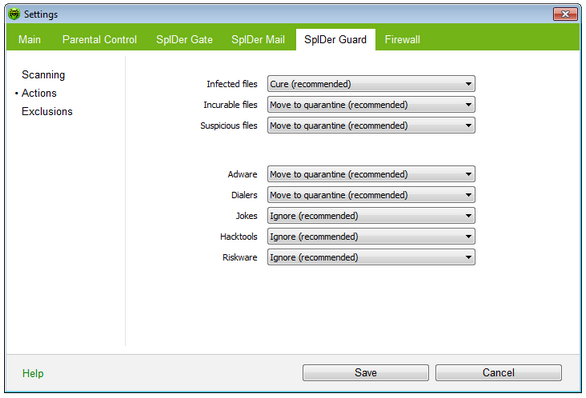 SpIDer Guard Settings For details on a certain option, click a corresponding item in the picture. To get information on options available in other pages, click the corresponding link in the picture.