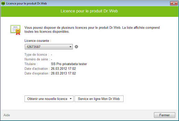 Gestionnaire de licence Dr.Web pour Dr.Web Security Space