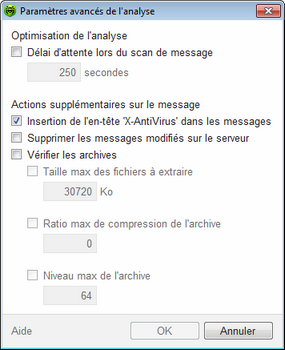 Paramètres avancés de SpIDer Mail